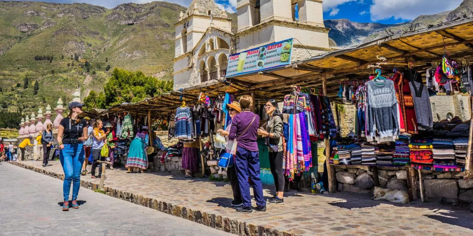 Textile stalls in a Colca Valley village