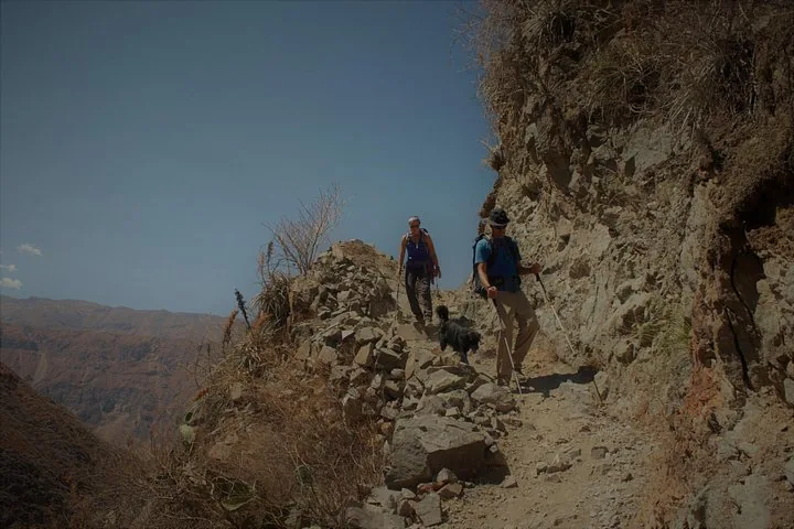Hikers on a narrow hillside path